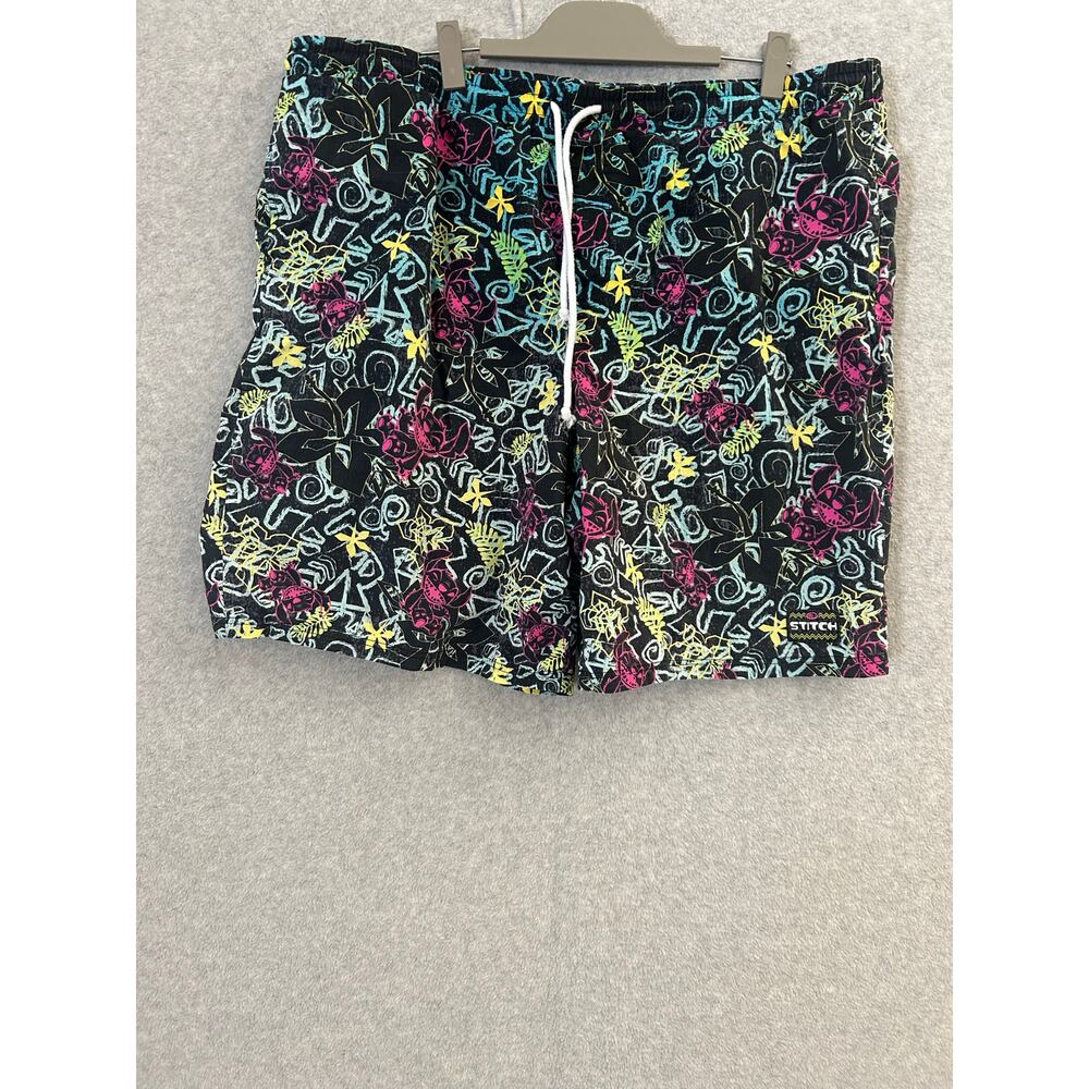 Disney Lilo & Stitch Swim Trunks Mens XXL Black Neon‎ Graffiti Floral Shorts